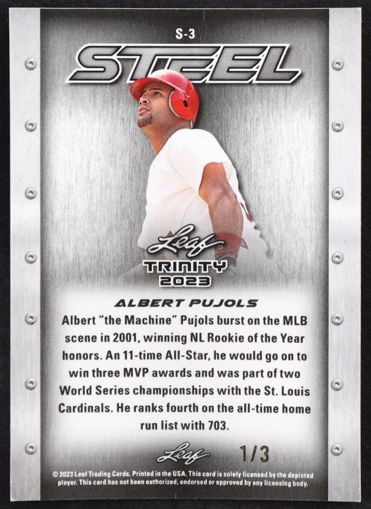 Albert Pujols 2023 Leaf Trinity Mega Box Steel Iron Donut Circles Black #S3 #1/3 at PristineAuction.com Albert Pujols 2023 Leaf Trinity Mega Box Steel Iron Donut Circles Black #S3 #1/3 at PristineAuction.com