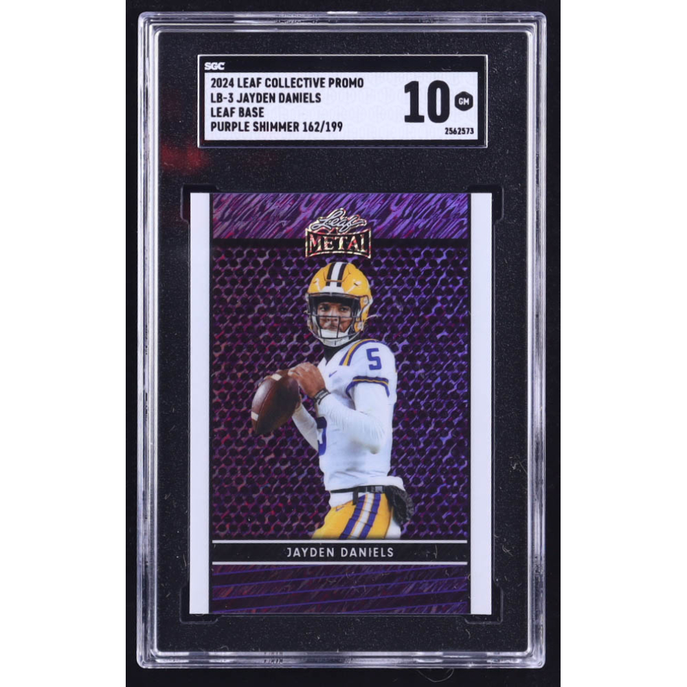 Jayden Daniels 2024 Leaf Press Pass Leaf Base Collective Promo Purple Shimmer #LB3 RC #162/199 (SGC 10) at PristineAuction.com