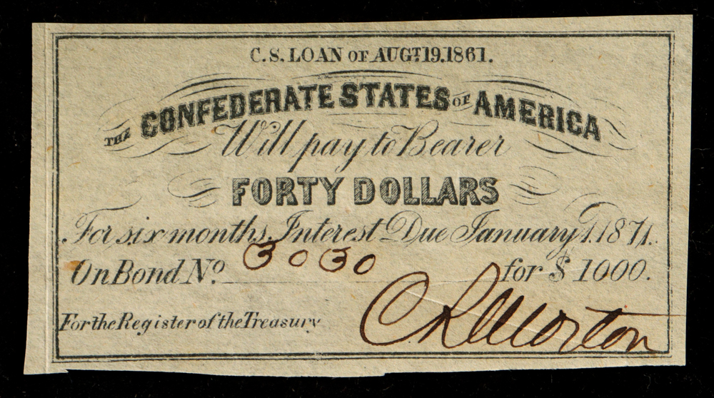 1861 $40 Forty Dollars Confederate States of America Bond Note at PristineAuction.com 1861 $40 Forty Dollars Confederate States of America Bond Note at PristineAuction.com