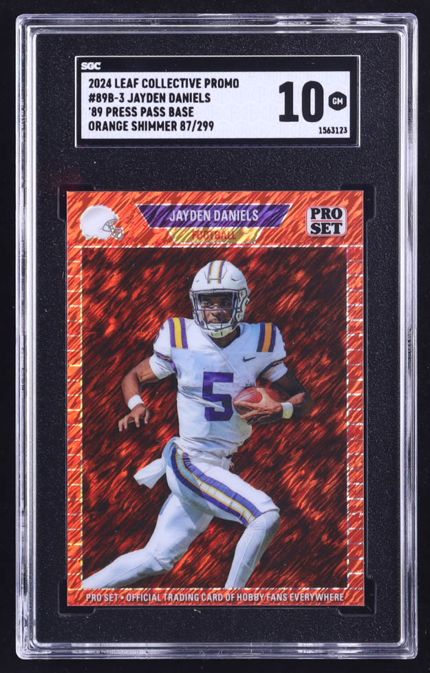 Jayden Daniels 2024 Leaf '89 Pro Set Base Collective Promo Orange Shimmer #89B3 RC #87/299 (SGC 10) at PristineAuction.com Jayden Daniels 2024 Leaf '89 Pro Set Base Collective Promo Orange Shimmer #89B3 RC #87/299 (SGC 10) at PristineAuction.com