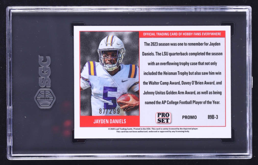 Jayden Daniels 2024 Leaf '89 Pro Set Base Collective Promo Orange Shimmer #89B3 RC #87/299 (SGC 10) at PristineAuction.com Jayden Daniels 2024 Leaf '89 Pro Set Base Collective Promo Orange Shimmer #89B3 RC #87/299 (SGC 10) at PristineAuction.com