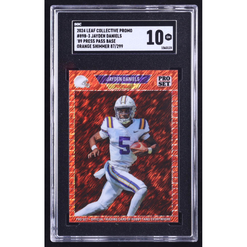 Jayden Daniels 2024 Leaf '89 Pro Set Base Collective Promo Orange Shimmer #89B3 RC #87/299 (SGC 10) at PristineAuction.com