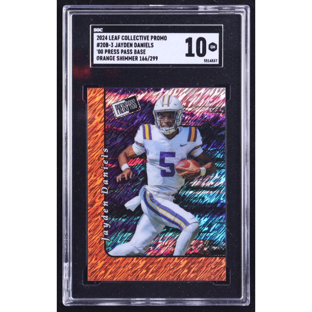 Jayden Daniels 2024 Leaf '00 Press Pass Base Collective Promo Orange Shimmer #20B3 RC #166/299 (SGC 10) at PristineAuction.com