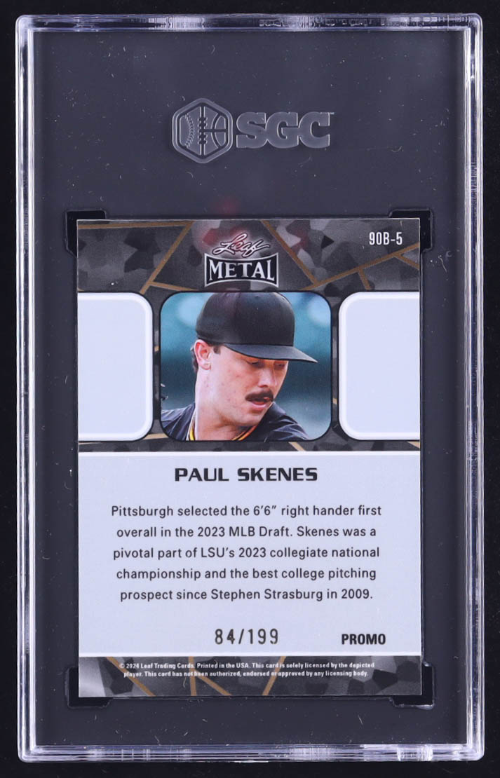 Paul Skenes 2024 Leaf '90 Leaf Base Collective Promo Purple Shimmer #90B5 RC #84/199 (SGC 9) at PristineAuction.com Paul Skenes 2024 Leaf '90 Leaf Base Collective Promo Purple Shimmer #90B5 RC #84/199 (SGC 9) at PristineAuction.com
