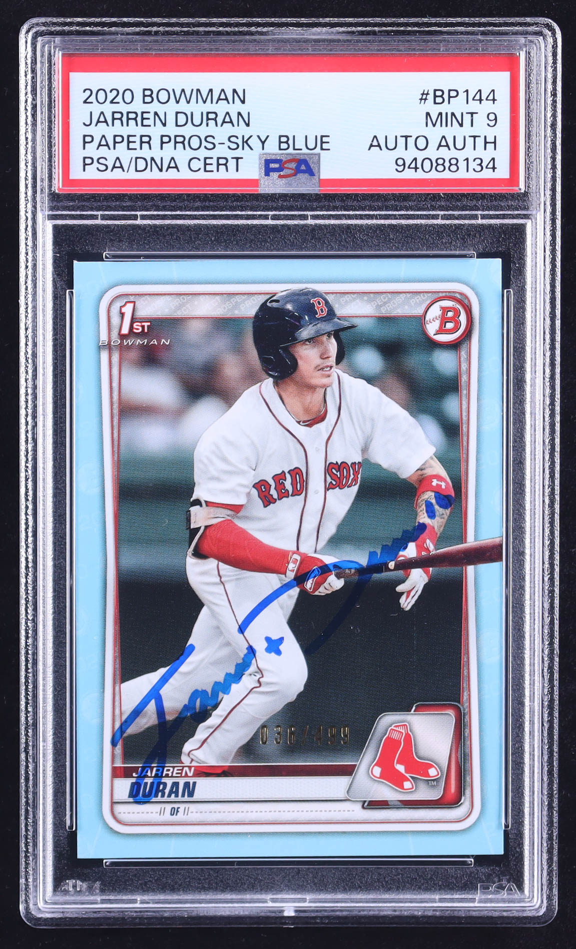 Jarren Duran Signed 2020 Bowman Prospects Sky Blue #BP144 RC #036/499 (PSA 9) at PristineAuction.com Jarren Duran Signed 2020 Bowman Prospects Sky Blue #BP144 RC #036/499 (PSA 9) at PristineAuction.com