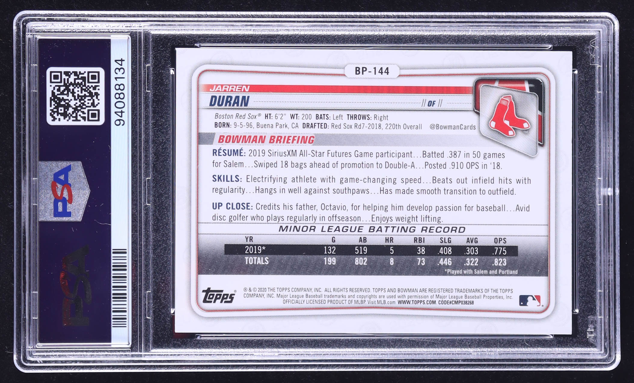 Jarren Duran Signed 2020 Bowman Prospects Sky Blue #BP144 RC #036/499 (PSA 9) at PristineAuction.com Jarren Duran Signed 2020 Bowman Prospects Sky Blue #BP144 RC #036/499 (PSA 9) at PristineAuction.com
