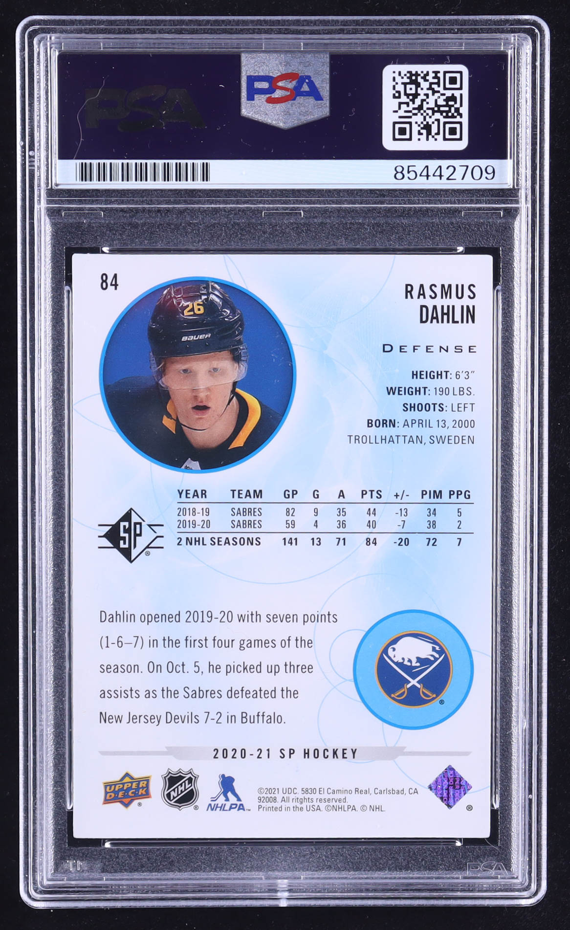 Rasmus Dahlin Signed 2020-21 SP Blue #84 (PSA | Autograph Grade 10) at PristineAuction.com Rasmus Dahlin Signed 2020-21 SP Blue #84 (PSA | Autograph Grade 10) at PristineAuction.com