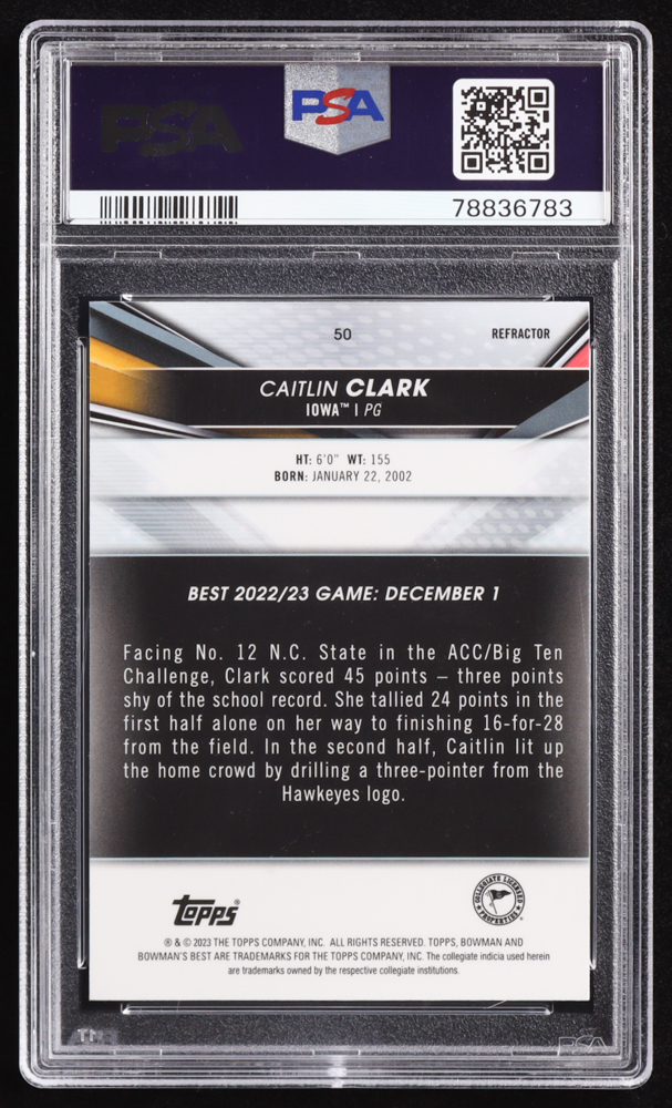 Caitlin Clark 2022-23 Bowman's Best University Refractors #50 RC (PSA 10) at PristineAuction.com Caitlin Clark 2022-23 Bowman's Best University Refractors #50 RC (PSA 10) at PristineAuction.com
