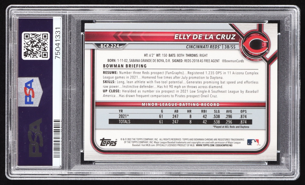 Elly De La Cruz 2022 Bowman Chrome Prospects Sapphire #BCP224 RC (PSA 10) at PristineAuction.com Elly De La Cruz 2022 Bowman Chrome Prospects Sapphire #BCP224 RC (PSA 10) at PristineAuction.com