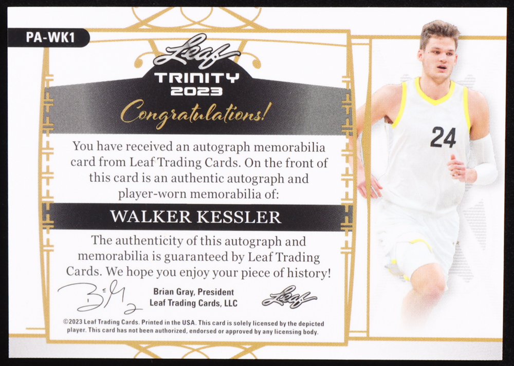 Walker Kessler 2023 Leaf Trinity Patch Autographs Holo Silver #PAWK1 #06/15 RC at PristineAuction.com Walker Kessler 2023 Leaf Trinity Patch Autographs Holo Silver #PAWK1 #06/15 RC at PristineAuction.com