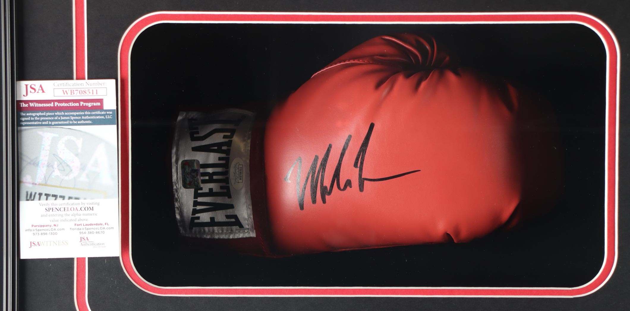Mike Tyson Signed Custom Framed Shadowbox Everlast Boxing Glove Display (JSA & Tyson) at PristineAuction.com Mike Tyson Signed Custom Framed Shadowbox Everlast Boxing Glove Display (JSA & Tyson) at PristineAuction.com