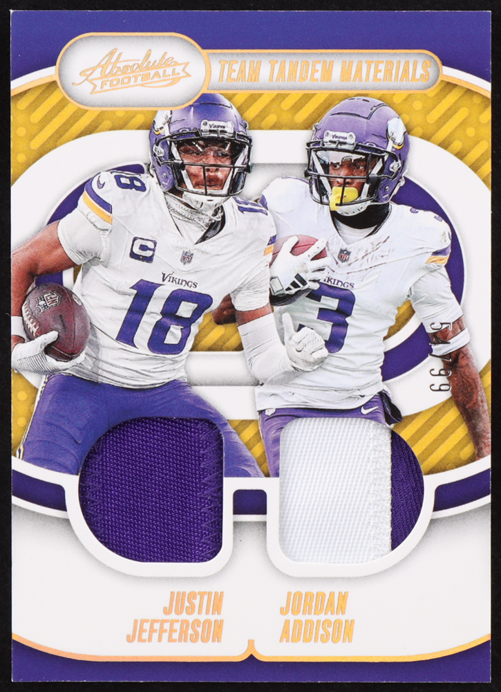 Justin Jefferson / Jordan Addison 2024 Absolute Team Tandem Materials Gold #3 #54/99 at PristineAuction.com Justin Jefferson / Jordan Addison 2024 Absolute Team Tandem Materials Gold #3 #54/99 at PristineAuction.com
