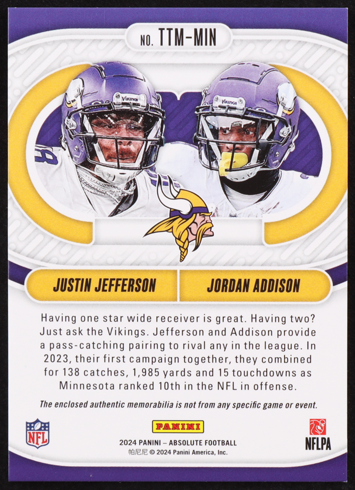 Justin Jefferson / Jordan Addison 2024 Absolute Team Tandem Materials Gold #3 #54/99 at PristineAuction.com Justin Jefferson / Jordan Addison 2024 Absolute Team Tandem Materials Gold #3 #54/99 at PristineAuction.com