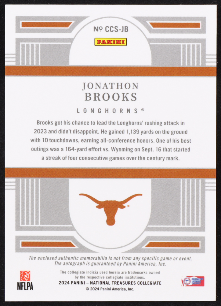 Jonathon Brooks 2024 Panini National Treasures Collegiate College Silhouettes Signatures Purple #7 RC #05/25 at PristineAuction.com Jonathon Brooks 2024 Panini National Treasures Collegiate College Silhouettes Signatures Purple #7 RC #05/25 at PristineAuction.com