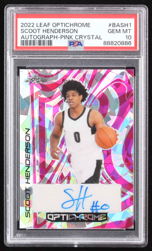 Scoot Henderson 2022-23 Leaf OptiChrome Crystal Pink #BASH1 #6/6 RC (PSA 10) at PristineAuction.com Scoot Henderson 2022-23 Leaf OptiChrome Crystal Pink #BASH1 #6/6 RC (PSA 10) at PristineAuction.com