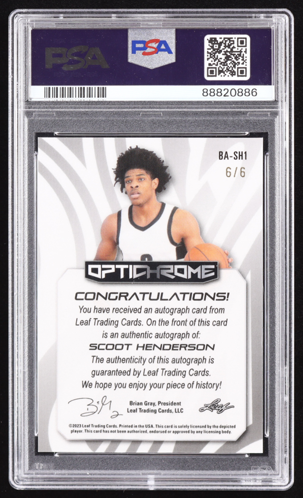 Scoot Henderson 2022-23 Leaf OptiChrome Crystal Pink #BASH1 #6/6 RC (PSA 10) at PristineAuction.com Scoot Henderson 2022-23 Leaf OptiChrome Crystal Pink #BASH1 #6/6 RC (PSA 10) at PristineAuction.com