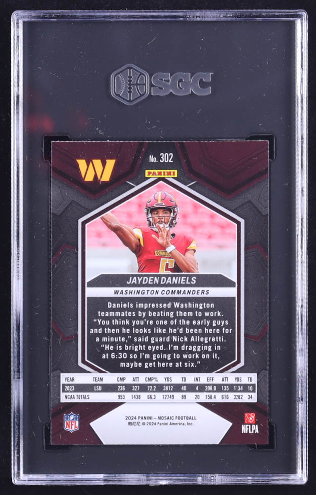 Jayden Daniels 2024 Panini Mosaic #302 RC (SGC 10) at PristineAuction.com Jayden Daniels 2024 Panini Mosaic #302 RC (SGC 10) at PristineAuction.com