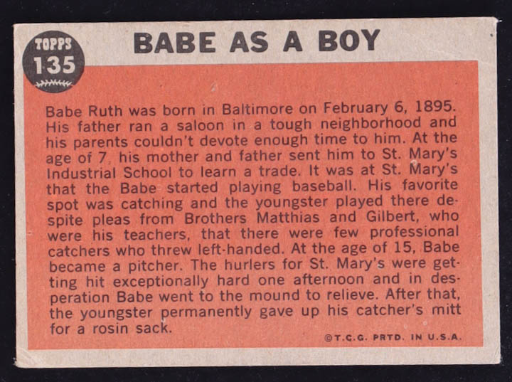 Babe Ruth 1962 Topps #135 Special 1 / Babe as a Boy at PristineAuction.com Babe Ruth 1962 Topps #135 Special 1 / Babe as a Boy at PristineAuction.com