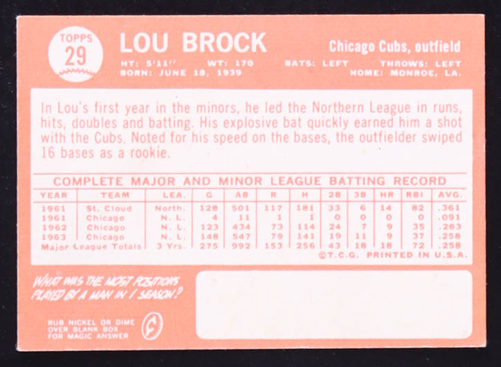 Lou Brock 1964 Topps #29 at PristineAuction.com Lou Brock 1964 Topps #29 at PristineAuction.com