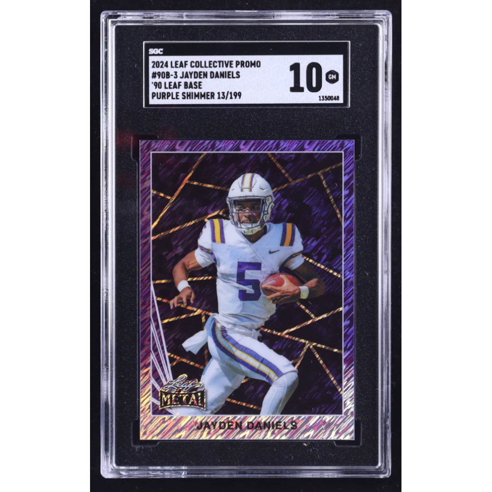 Jayden Daniels 2024 Leaf Collective Promo '90 Leaf Base Shimmer Purple #90B3 #013/199 RC (SGC 10) at PristineAuction.com
