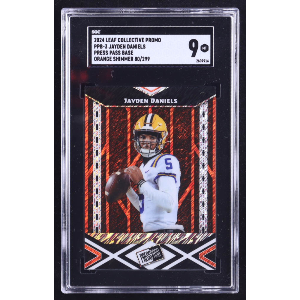 Jayden Daniels 2024 Leaf Collective Promo Press Pass Base Shimmer Orange #PPB3 #080/299 RC (SGC 9) at PristineAuction.com