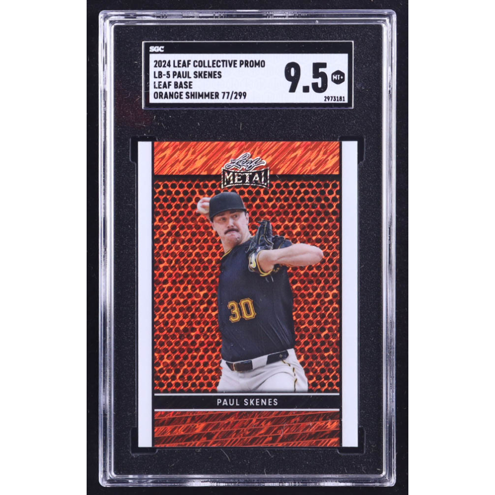 Paul Skenes 2024 Leaf Collective Promo Leaf Base Shimmer Orange #LB5 #077/299 RC (SGC 9.5) at PristineAuction.com Paul Skenes 2024 Leaf Collective Promo Leaf Base Shimmer Orange #LB5 #077/299 RC (SGC 9.5) at PristineAuction.com
