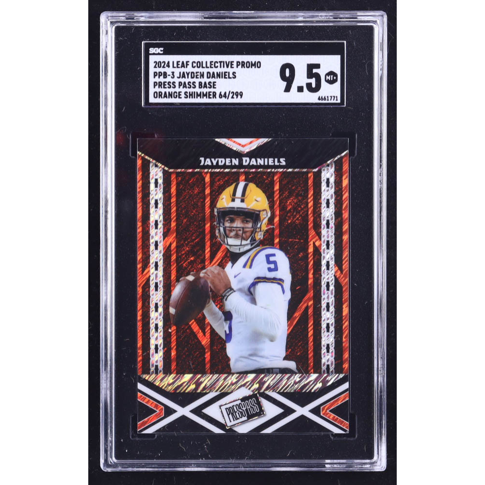 Jayden Daniels 2024 Leaf Collective Promo Press Pass Base Shimmer Orange #PPB3 #064/299 RC (SGC 9.5) at PristineAuction.com