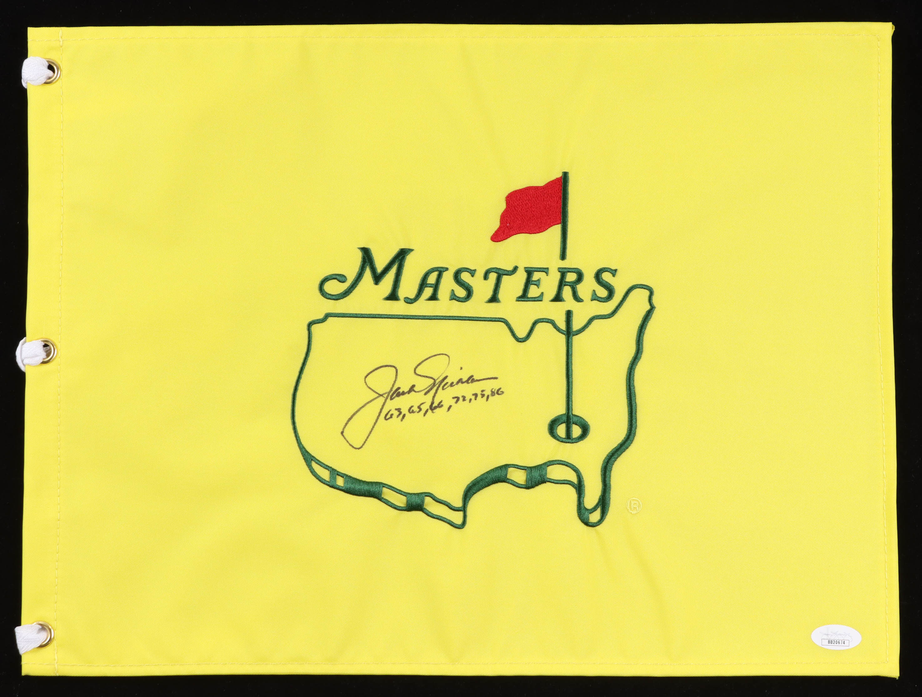 Jack Nicklaus Signed Masters Tournament Golf Pin Flag Inscribed "63,65,66,72,75,86" (JSA) at PristineAuction.com Jack Nicklaus Signed Masters Tournament Golf Pin Flag Inscribed "63,65,66,72,75,86" (JSA) at PristineAuction.com