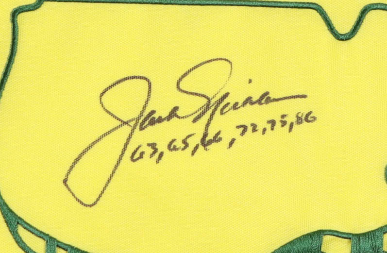 Jack Nicklaus Signed Masters Tournament Golf Pin Flag Inscribed "63,65,66,72,75,86" (JSA) at PristineAuction.com Jack Nicklaus Signed Masters Tournament Golf Pin Flag Inscribed "63,65,66,72,75,86" (JSA) at PristineAuction.com