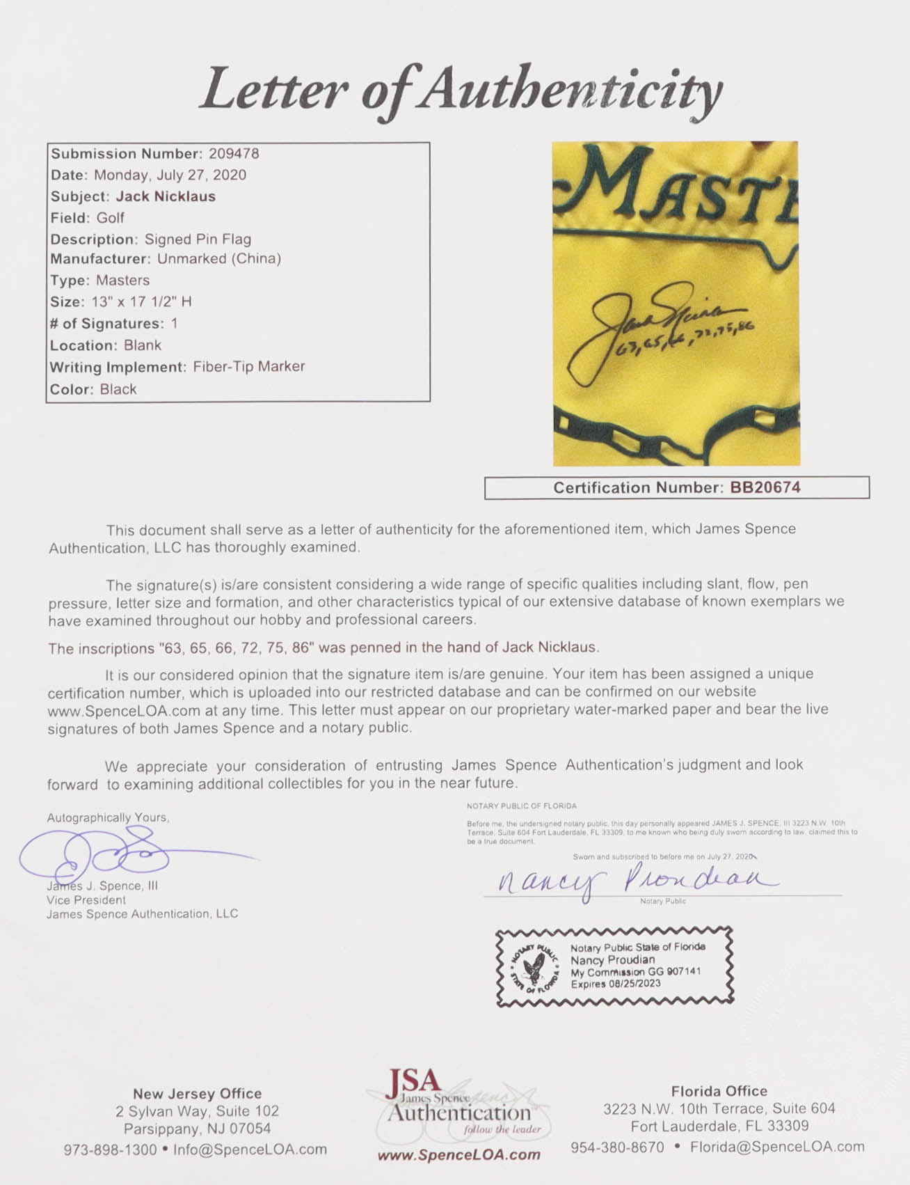 Jack Nicklaus Signed Masters Tournament Golf Pin Flag Inscribed "63,65,66,72,75,86" (JSA) at PristineAuction.com Jack Nicklaus Signed Masters Tournament Golf Pin Flag Inscribed "63,65,66,72,75,86" (JSA) at PristineAuction.com