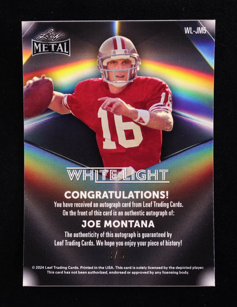 Joe Montana 2024 Leaf Metal Legacy Collection "White Light" #WL-JM5 Autograph Dark Blue Prismatic SP Variation #3/5 at PristineAuction.com Joe Montana 2024 Leaf Metal Legacy Collection "White Light" #WL-JM5 Autograph Dark Blue Prismatic SP Variation #3/5 at PristineAuction.com