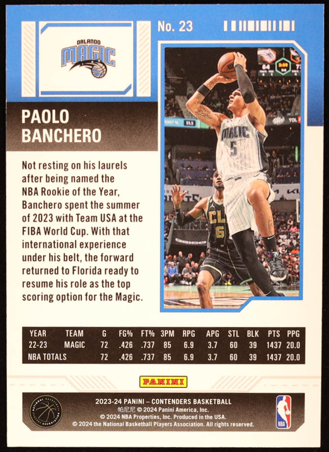 Paolo Banchero 2023-24 Panini Contenders Cracked Ice Ticket #23 #21/25 at PristineAuction.com Paolo Banchero 2023-24 Panini Contenders Cracked Ice Ticket #23 #21/25 at PristineAuction.com