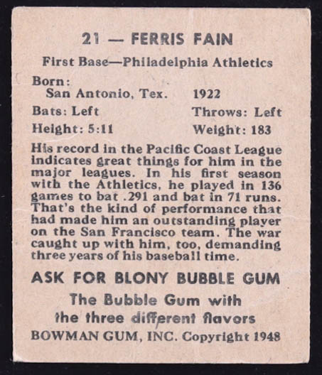Ferris Fain 1948 Bowman #21 RC at PristineAuction.com Ferris Fain 1948 Bowman #21 RC at PristineAuction.com