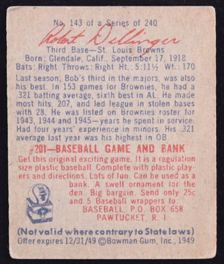 Bob Dillinger 1949 Bowman #143A RC / Script at PristineAuction.com Bob Dillinger 1949 Bowman #143A RC / Script at PristineAuction.com