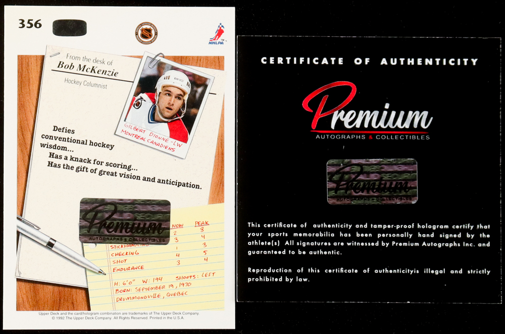 Gilbert Dionne Signed 1992-93 Upper Deck #356 (Premium) at PristineAuction.com Gilbert Dionne Signed 1992-93 Upper Deck #356 (Premium) at PristineAuction.com