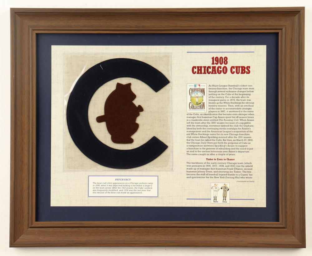 1908 Cubs "Cooperstown Collection" Custom Framed Commemorative Stat Card Display With Cloth Uniform Patch at PristineAuction.com 1908 Cubs "Cooperstown Collection" Custom Framed Commemorative Stat Card Display With Cloth Uniform Patch at PristineAuction.com