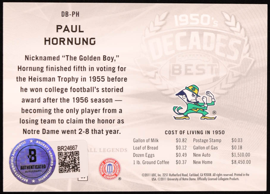 Paul Hornung Signed 2011 Upper Deck College Legends Decades Best #DBPH (Beckett) at PristineAuction.com Paul Hornung Signed 2011 Upper Deck College Legends Decades Best #DBPH (Beckett) at PristineAuction.com