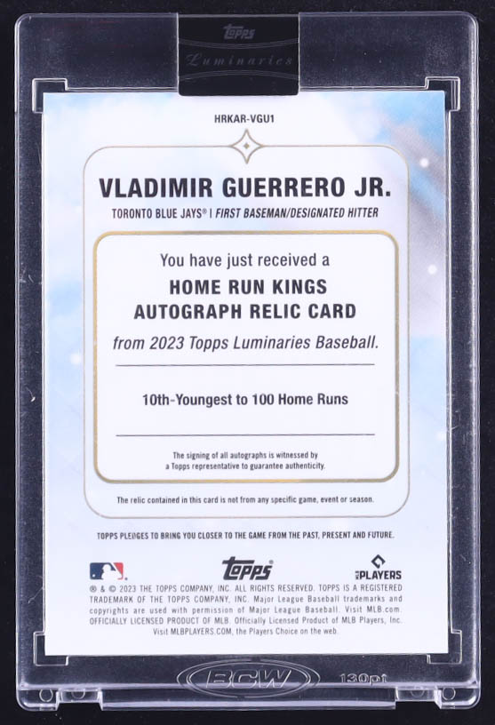 Vladimir Guerrero Jr. 2023 Topps Luminaries Home Run Kings Autograph Relics Blue #HRKARVGU1 #07/10 at PristineAuction.com Vladimir Guerrero Jr. 2023 Topps Luminaries Home Run Kings Autograph Relics Blue #HRKARVGU1 #07/10 at PristineAuction.com