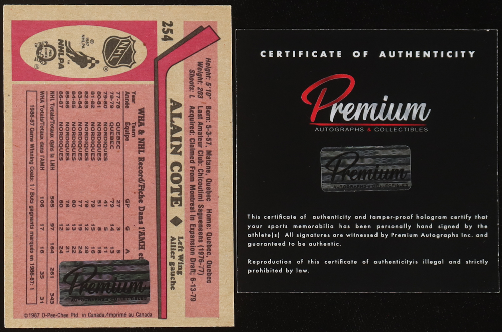 Alain Cote Signed 1987-88 O-Pee-Chee #254 (Premium) at PristineAuction.com Alain Cote Signed 1987-88 O-Pee-Chee #254 (Premium) at PristineAuction.com