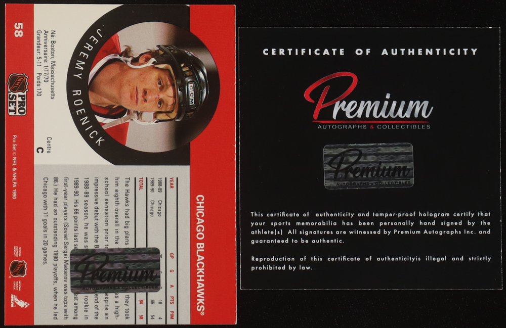 Jeremy Roenick Signed 1990-91 Pro Set #58 (Premium) at PristineAuction.com Jeremy Roenick Signed 1990-91 Pro Set #58 (Premium) at PristineAuction.com