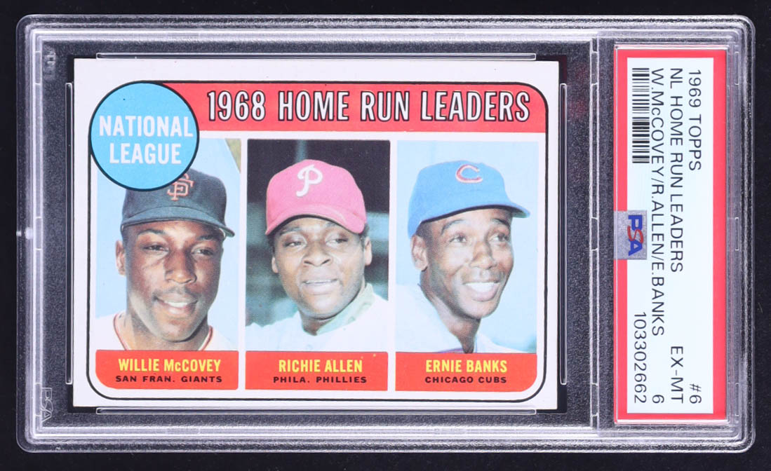 Willie McCovey / Richie Allen / Ernie Banks 1969 Topps #6 NL Home Run Leaders (PSA 6) at PristineAuction.com Willie McCovey / Richie Allen / Ernie Banks 1969 Topps #6 NL Home Run Leaders (PSA 6) at PristineAuction.com