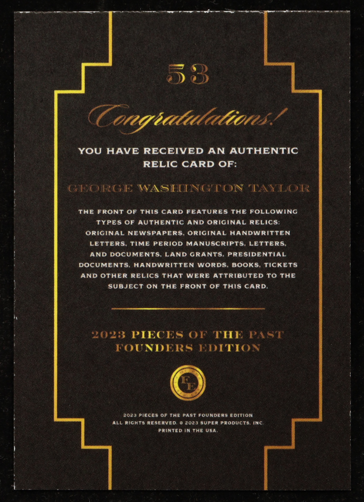 George Washington Taylor 2023 Pieces Of The Past Relics Handwriting Founders Edition #53 at PristineAuction.com George Washington Taylor 2023 Pieces Of The Past Relics Handwriting Founders Edition #53 at PristineAuction.com