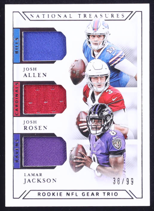 Josh Rosen / Josh Allen / Lamar Jackson 2018 Panini National Treasures Rookie NFL Gear Trio Materials #3 RC #38/99 at PristineAuction.com Josh Rosen / Josh Allen / Lamar Jackson 2018 Panini National Treasures Rookie NFL Gear Trio Materials #3 RC #38/99 at PristineAuction.com