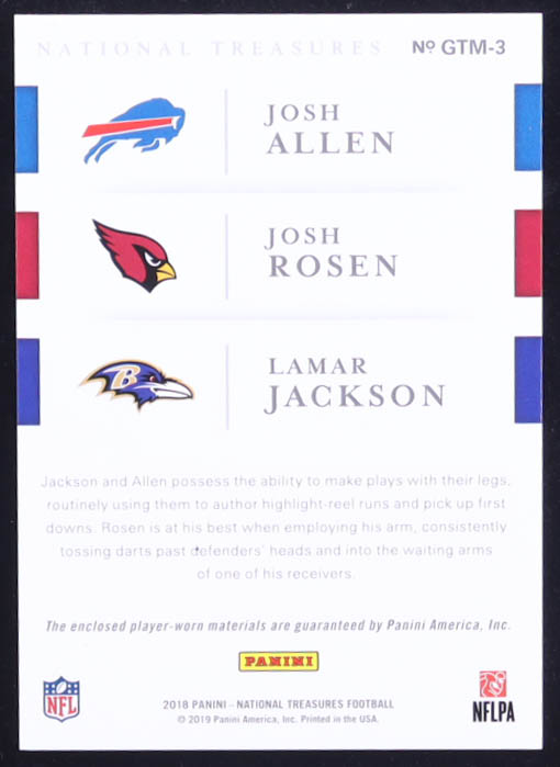 Josh Rosen / Josh Allen / Lamar Jackson 2018 Panini National Treasures Rookie NFL Gear Trio Materials #3 RC #38/99 at PristineAuction.com Josh Rosen / Josh Allen / Lamar Jackson 2018 Panini National Treasures Rookie NFL Gear Trio Materials #3 RC #38/99 at PristineAuction.com