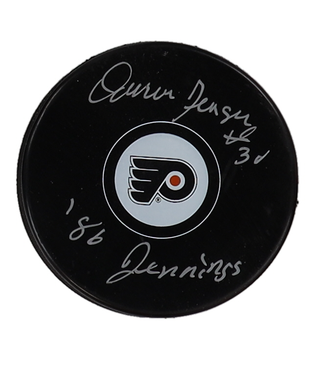 Darren Jensen Signed Flyers Logo Hockey Puck Inscribed "'86 Jennings" (Premium Autographs) at PristineAuction.com Darren Jensen Signed Flyers Logo Hockey Puck Inscribed "'86 Jennings" (Premium Autographs) at PristineAuction.com