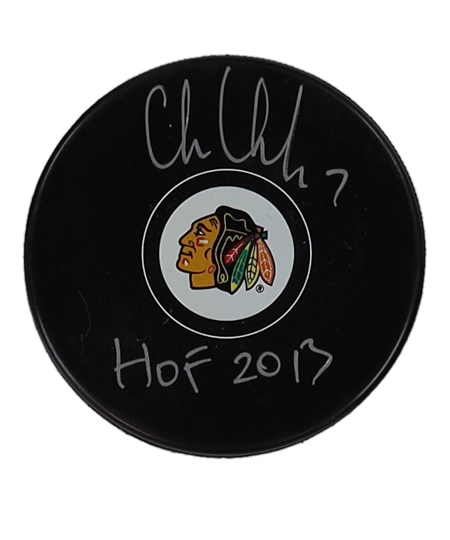 Chris Chelios Signed Blackhawks Logo Hockey Puck Inscribed "HOF 2013" (Premium Autographs) at PristineAuction.com Chris Chelios Signed Blackhawks Logo Hockey Puck Inscribed "HOF 2013" (Premium Autographs) at PristineAuction.com