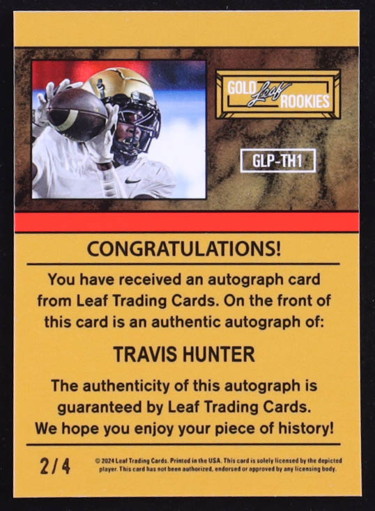 Travis Hunter 2024 Leaf Collective Gold Leaf Prospects Autographs Crystal Red #GLPTH1 RC #2/4 at PristineAuction.com Travis Hunter 2024 Leaf Collective Gold Leaf Prospects Autographs Crystal Red #GLPTH1 RC #2/4 at PristineAuction.com