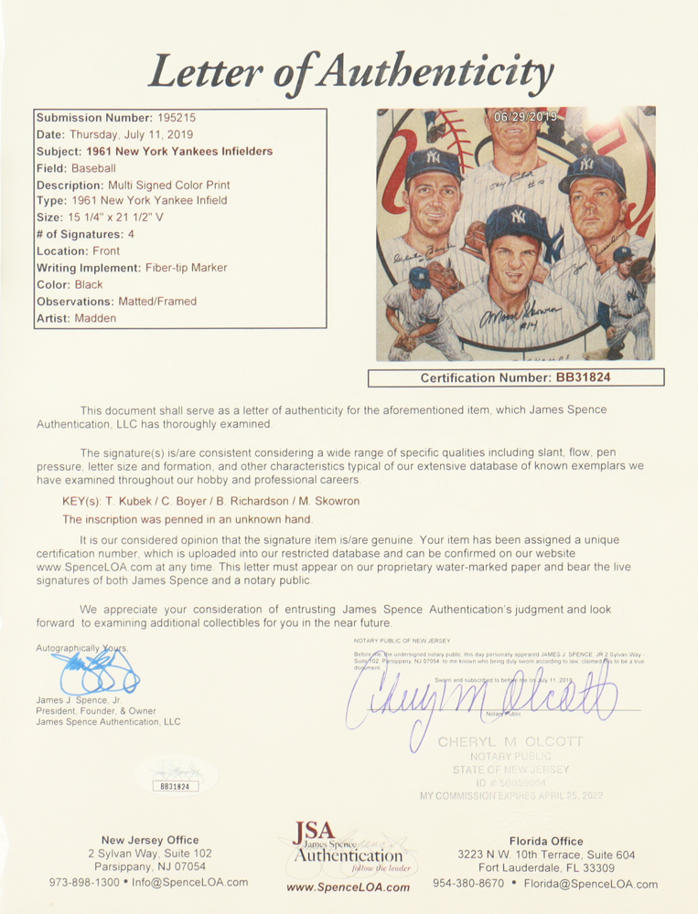 1961 "Yankees Infielders" Custom Framed Poster Print Display Signed By (4) With Bobby Richardson, Tony Kubek, Clete Boyer & Bill Skowron Inscribed "W.S. Champs 1961" (JSA) at PristineAuction.com 1961 "Yankees Infielders" Custom Framed Poster Print Display Signed By (4) With Bobby Richardson, Tony Kubek, Clete Boyer & Bill Skowron Inscribed "W.S. Champs 1961" (JSA) at PristineAuction.com