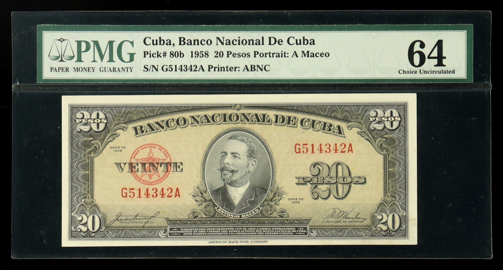 1958 Cuba, Banco Nacional - 20 Pesos Currency Note (PMG Choice Uncirculated 64) at PristineAuction.com 1958 Cuba, Banco Nacional - 20 Pesos Currency Note (PMG Choice Uncirculated 64) at PristineAuction.com