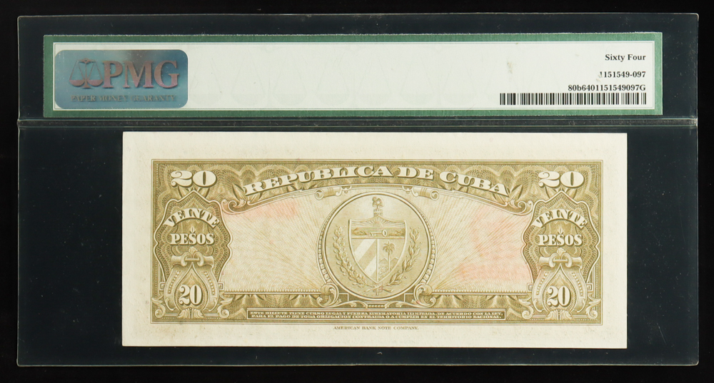 1958 Cuba, Banco Nacional - 20 Pesos Currency Note (PMG Choice Uncirculated 64) at PristineAuction.com 1958 Cuba, Banco Nacional - 20 Pesos Currency Note (PMG Choice Uncirculated 64) at PristineAuction.com